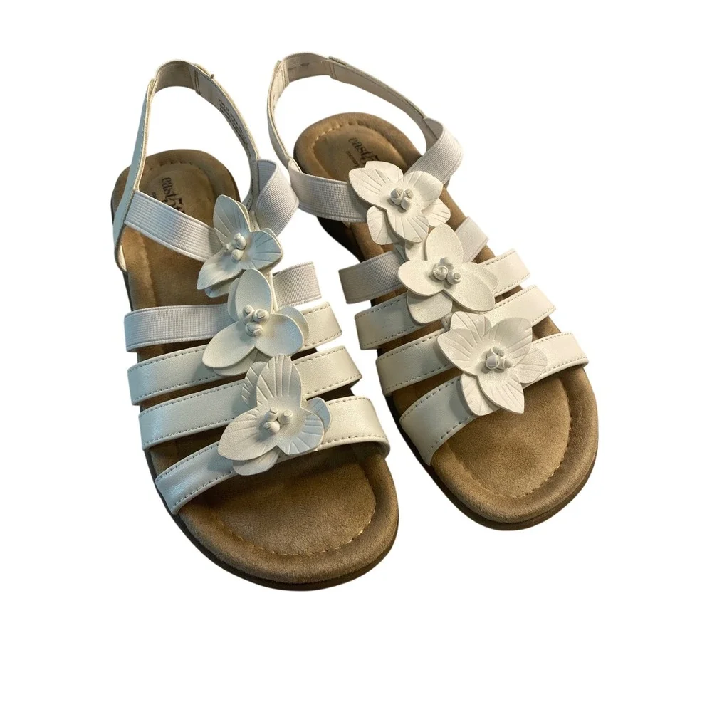 East 5th Womens White Floral Strappy Wedge Sandals Memory Foam‎ Size 7.5 M